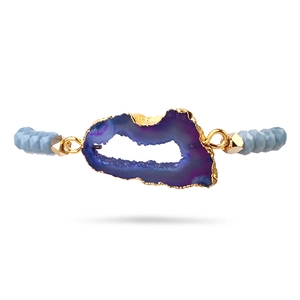 Faceted light blue crystal beaded bracelet featuring a gold-plated druzy agate slice