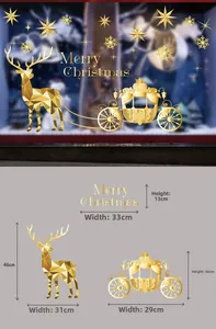 Detail showing dimensions of golden reindeer and Merry Christmas window stickers