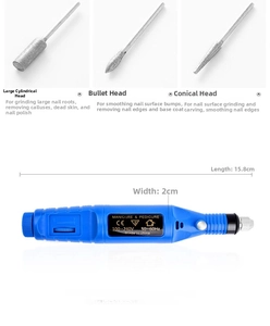 Macro view of blue electric nail drill machine set with 3 metal bits and CE certification