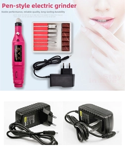 Detail view of rose red electric nail drill kit with diverse metal bits and power adapters