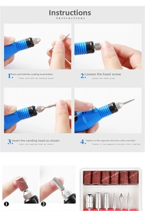Four-step tutorial showing how to install metal drill bits on a blue electric nail polisher