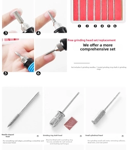 Macro detail of electric nail drill bit set including 6 metal bits and 6 sanding bands