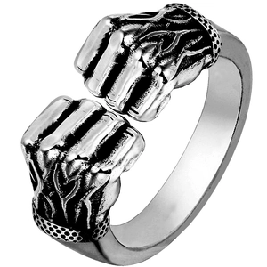 Hip hop punk style open ring featuring double fists in oxidized vintage silver finish