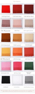 Detailed chart showing 18 vibrant colors of soft fringe scarves in a grid layout