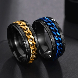 Close-up of rotatable chain rings in gold-black and blue-black titanium steel finish