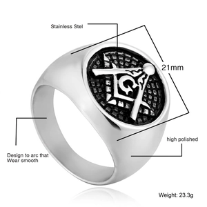 Polished silver stainless steel Masonic ring with G compass emblem and mirror finish