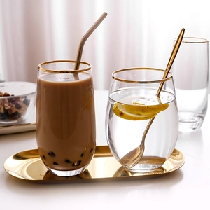 Elegant gold rim crystal glass cup set with metal straw and tray for creative home tea time