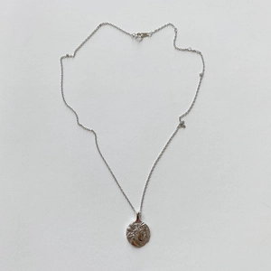 Silver coin pendant necklace with classical portrait engraving on light grey background