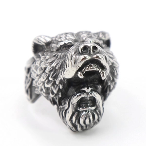Vintage stainless steel Viking wolf and warrior ring with antique silver finish relief