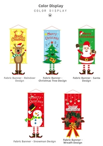 Detailansicht von fünf Weihnachts-Hängebannern mit Elch-, Weihnachtsmann- und Schneemann-Motiven