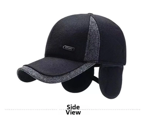 Detail view of winter baseball cap with ear flaps and SPORT metal logo in black and grey