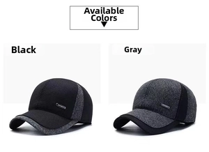 Detail of wool baseball caps in black and grey with metal sport plate and ear protection