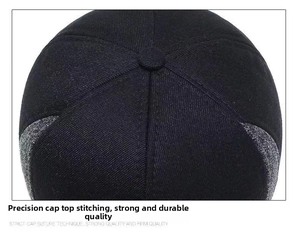 Close-up of the six-panel stitching and top button on a black wool winter baseball cap