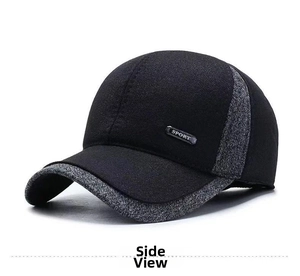 Side view of a grey and black wool baseball cap with a metal SPORT badge