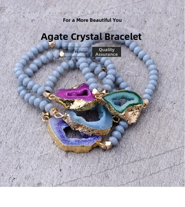Detailed set of multi-colored natural druzy agate crystal beaded bracelets with gold trim