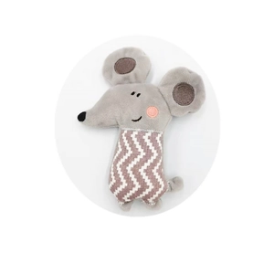 Plush mouse doll accessory with purple zigzag patterns and embroidered details