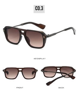 Three views of retro square double-bridge sunglasses with brown gradient lenses and metal temples