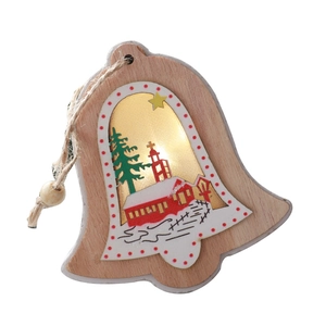 Bell-shaped wooden Christmas ornament with LED micro landscape of church and snowy trees