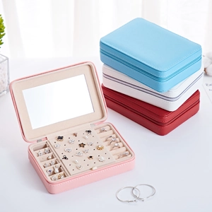 Portable PU leather jewelry box with mirror and compartments in four soft colors