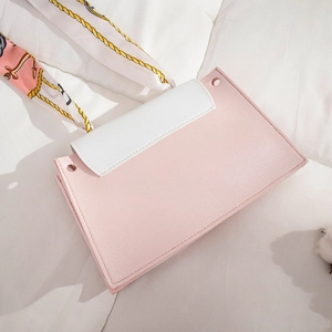 Pink and white color-block PU leather handbag for women with a printed silk scarf