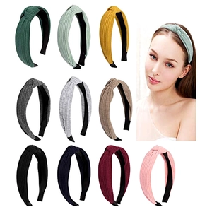 Detailed grid of 10 color knotted headbands and a model wearing the light green version