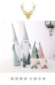 Close-up of four festive Christmas gnomes in green and pink with sequined hats and fur beards