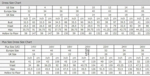Detailed size chart with US, EU, and UK measurements for bridal tulle party dresses