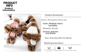 Detail view of pink, white, and black knit Mongolian earflap hats with faux fur trim