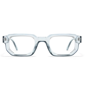 Detail of light blue transparent thick rectangle frame sunglasses with faceted edges