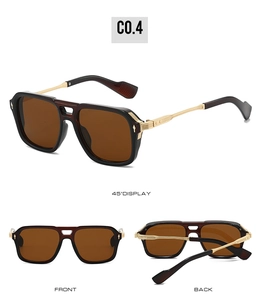Detailed three-view of aviator sunglasses with brown lenses and golden metal temples
