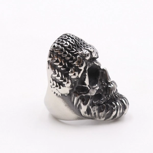 Vintage stainless steel skull ring with a large beard and detailed gothic punk engraving