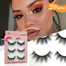 Detail of 3 pairs of natural soft reusable false eyelashes with packaging and model look