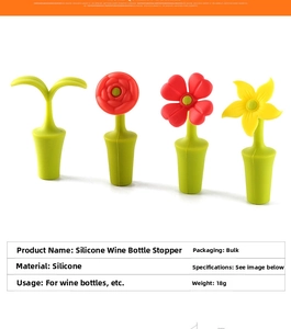 Detailed view of four assorted flower-shaped silicone wine stoppers for bottle sealing