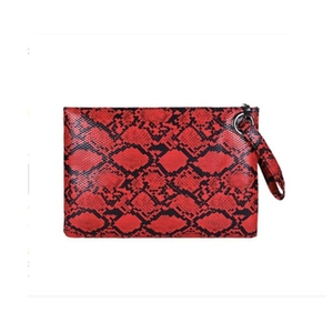 Chic red and black snakeskin pattern PU leather clutch bag with a metal ring zipper pull