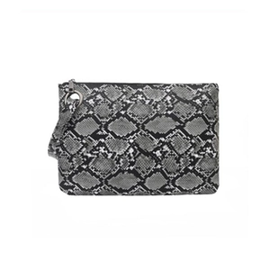 Chic snakeskin pattern handbag with a round metal handle and secure zipper closure