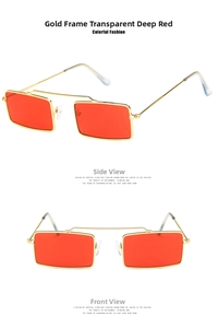 Detailed front and side views of vintage rectangular gold metal sunglasses with dark red lenses