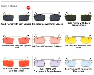 Grid display of nine vintage rectangular metal sunglasses with colorful ocean lenses