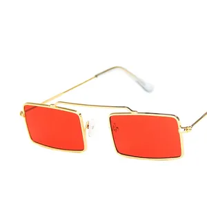 Vintage gold metal rectangle sunglasses with vibrant red ocean lenses and double bridge design