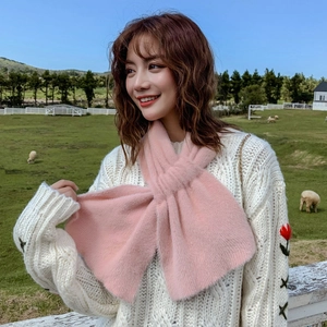 Pink solid color warm winter scarf with cross knot design and fringe for women