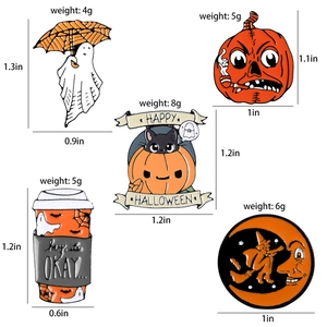 Cartoon Halloween enamel pins set featuring pumpkin cat and ghost on white background