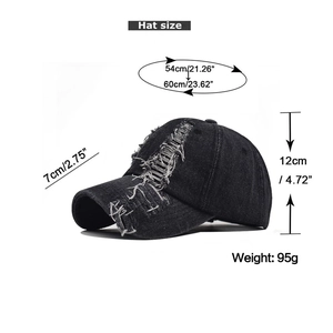 Size chart for black distressed baseball cap showing brim, height and adjustable circumference