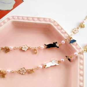 Japanese style cat and cherry blossom charm bracelet with Fuji mountain and pearls