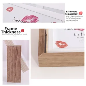 Detail of 4x6 inch wood grain picture frame showing sliding glass and thick profile