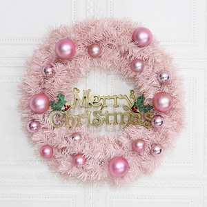 Pink Christmas Wreath Artificial PVC Hanging Ornament With Merry Christmas Sign Ornaments And Warm LED Lights For Door Decor