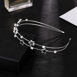 Detail of silver double-layered star headband with sparkling rhinestones on black stand