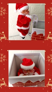 Electric Santa Claus climbing red chimney toy with festive gold snowflake border decor