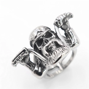 Punk biker ring in stainless steel featuring detailed skull with motorcycle handlebar