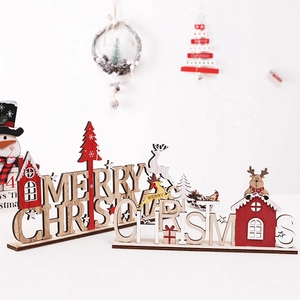 Christmas wooden tabletop decor with Merry Christmas cutouts of Santa, elk and red cabins