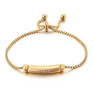 Bracelet Bolo Réglable À Barre Courbée Géométrique Acier Inoxydable 316L Zircone Cubique Pavée Pour Femmes