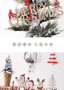Detail of wooden Merry Christmas ornaments featuring Santa, elk, and snowman motifs
